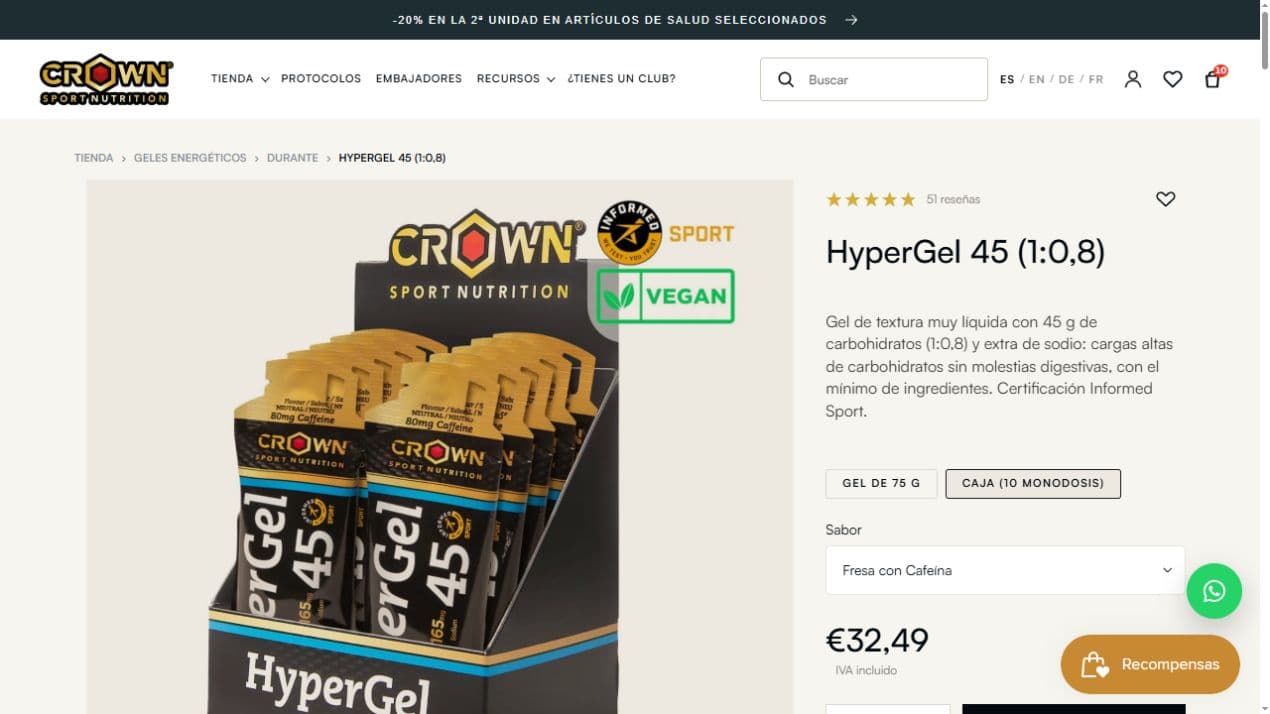 Ficha real de HyperGel 45 con selector de formato y sabor en Shopify