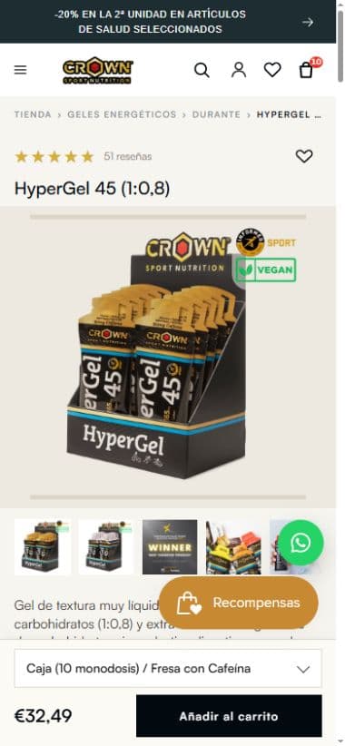 HyperGel 45 en móvil con selector y barra de compra visible