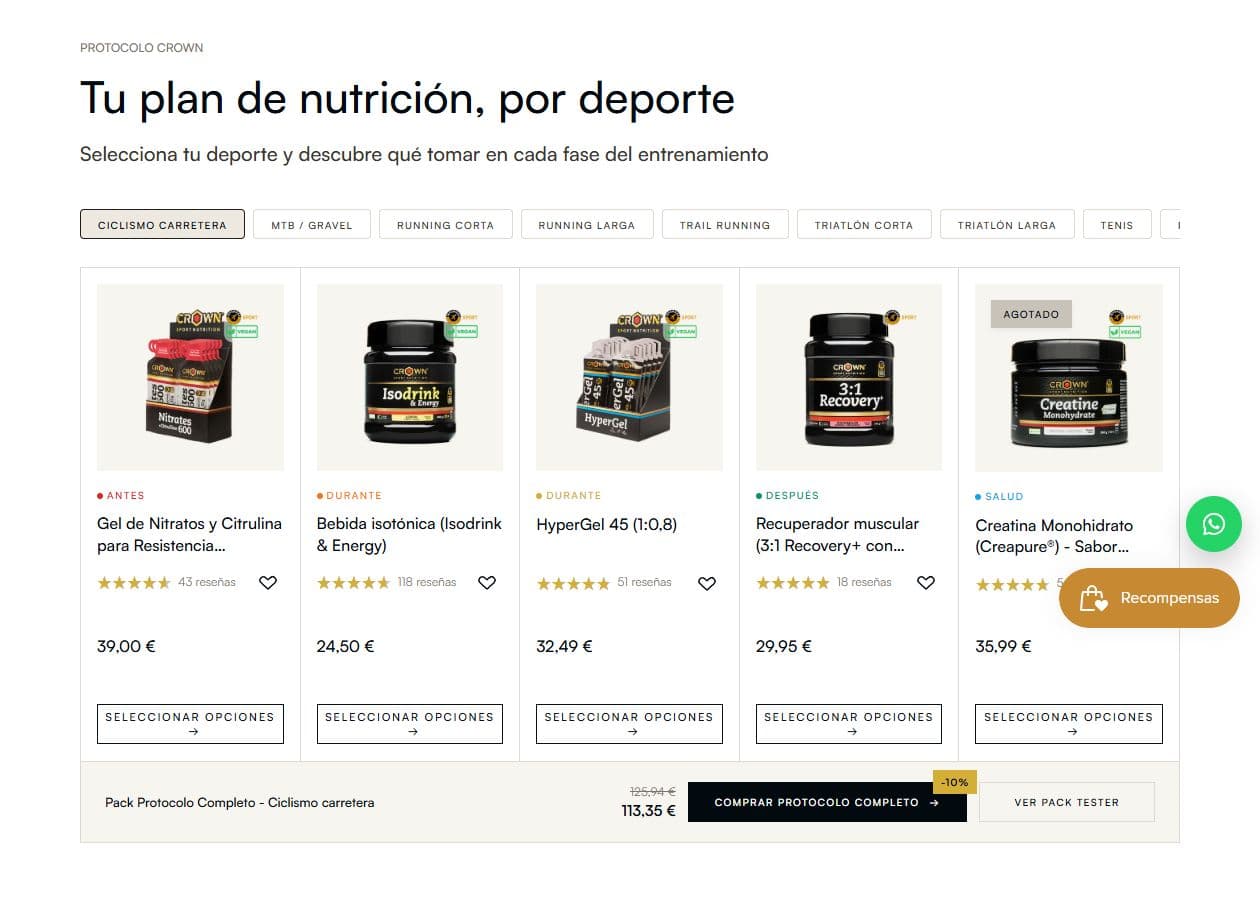 Protocolos reales de CROWN: selector de deporte, productos por fase y pack completo