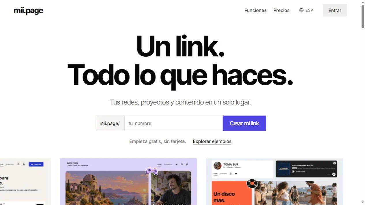Captura real de la homepage actual de mii.page: cabecera, propuesta del producto y creación del enlace