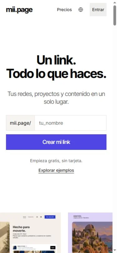 Captura real de la homepage de mii.page en móvil con cabecera, elección de enlace y botón de creación