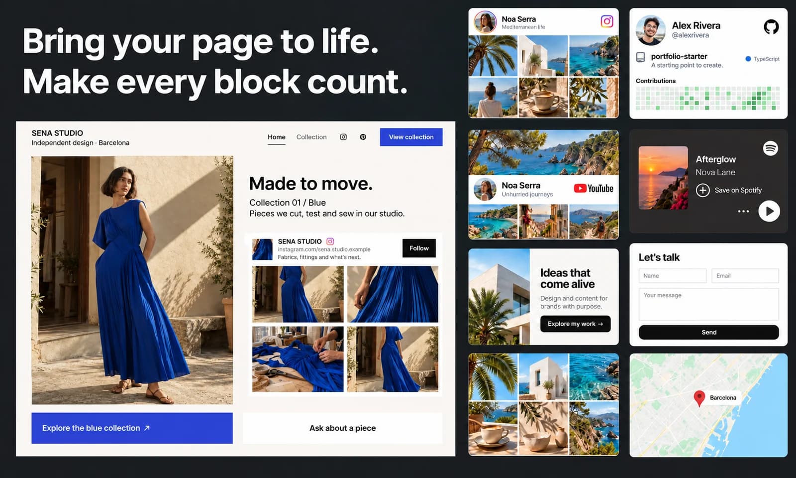 Visual de lanzamiento de mii.page con ejemplos de bloques de contenido: fotografía, redes, música, mapa y formulario