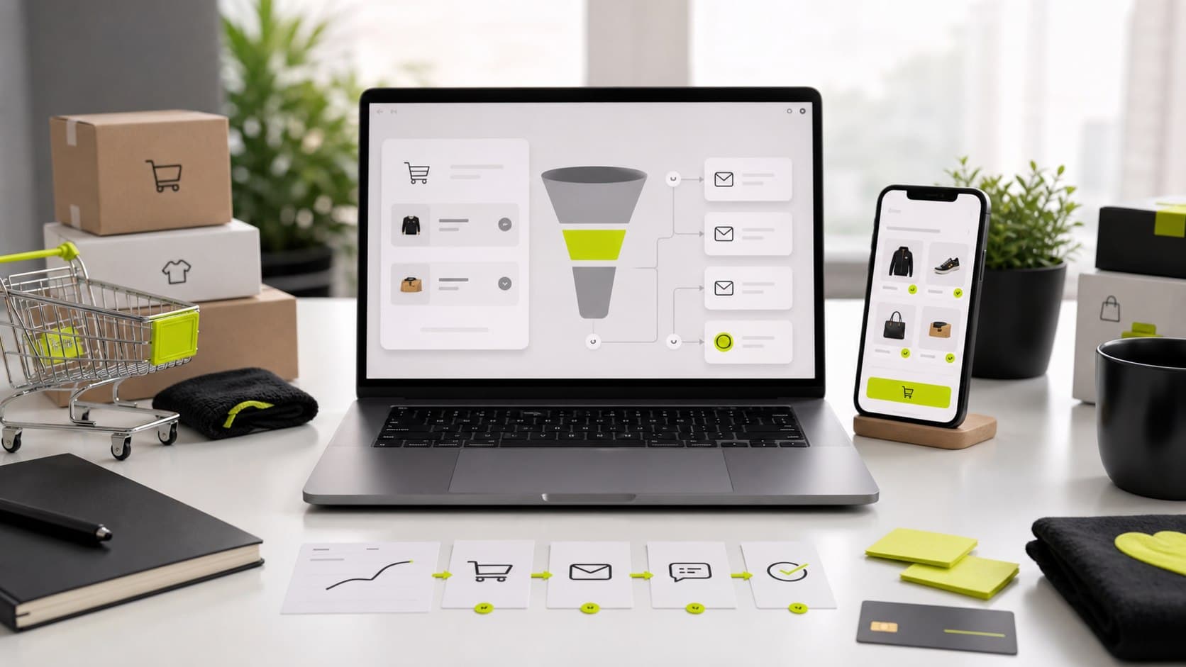 Escena ecommerce con portátil, móvil, carrito, productos y flujo visual de emails para recuperación de carritos abandonados.
