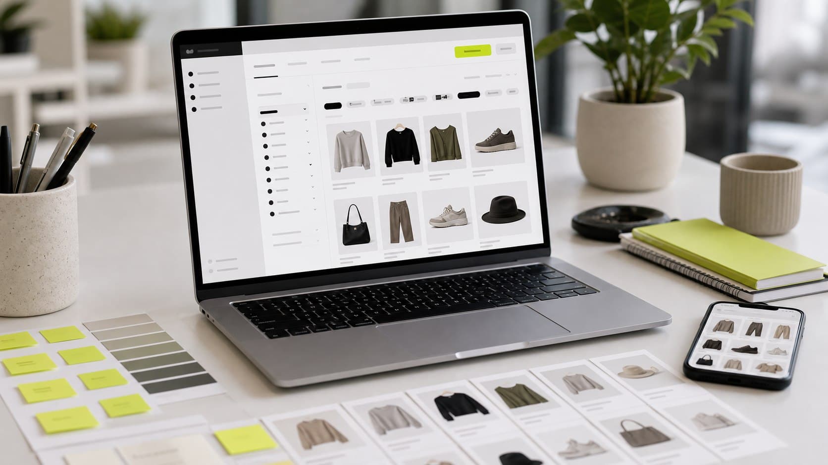 Pantalla de administración ecommerce con catálogo de productos, merchandising visual y materiales de planificación para competir en Shopify.