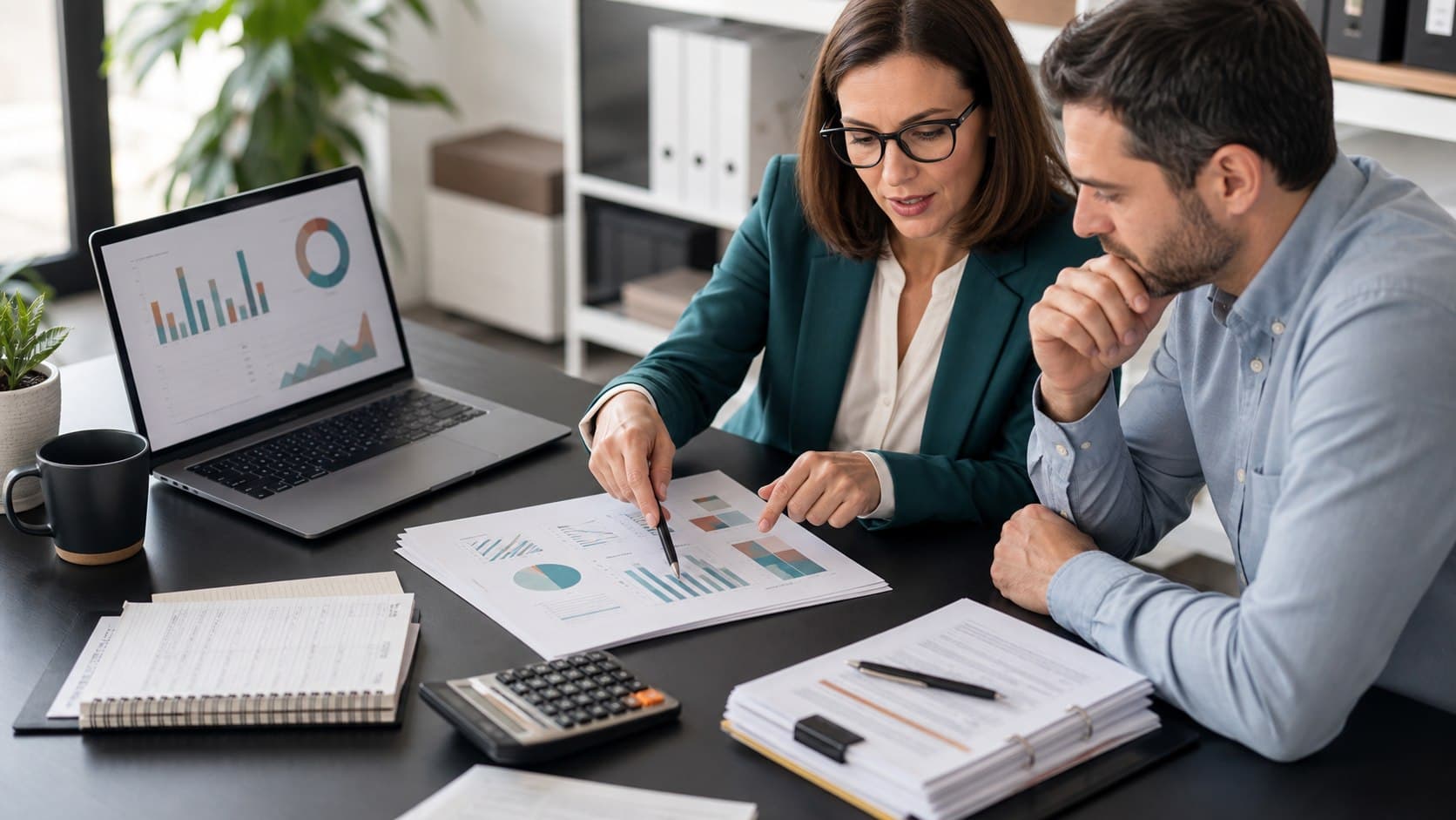 Consultores revisando analítica, arquitectura de tienda online y planificación SEO ecommerce sobre una mesa de trabajo.