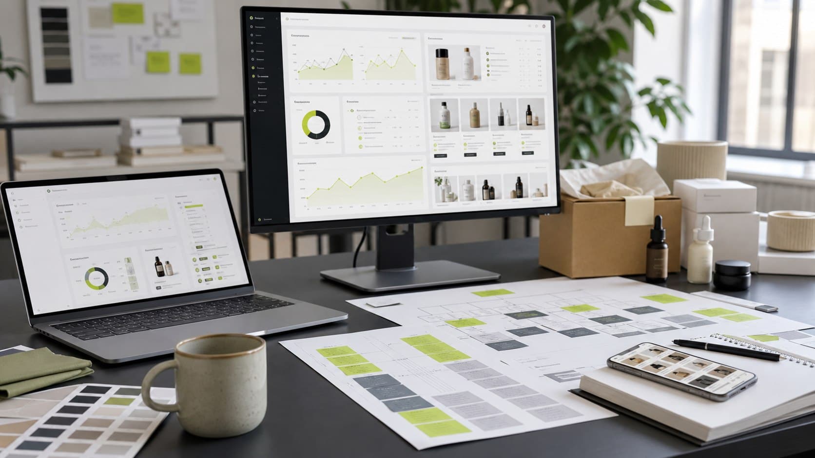 Pantallas de ecommerce con catálogo, filtros, analítica de productos y arquitectura de colecciones para Shopify Search & Discovery.