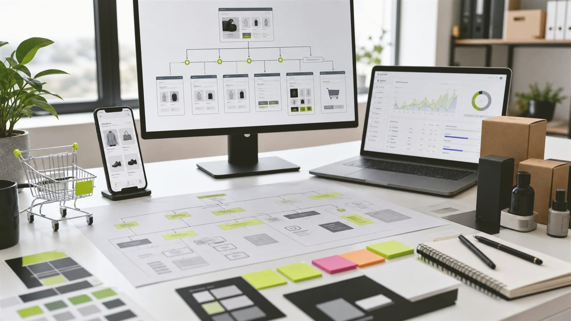 Escena editorial de migración, logística y arquitectura ecommerce