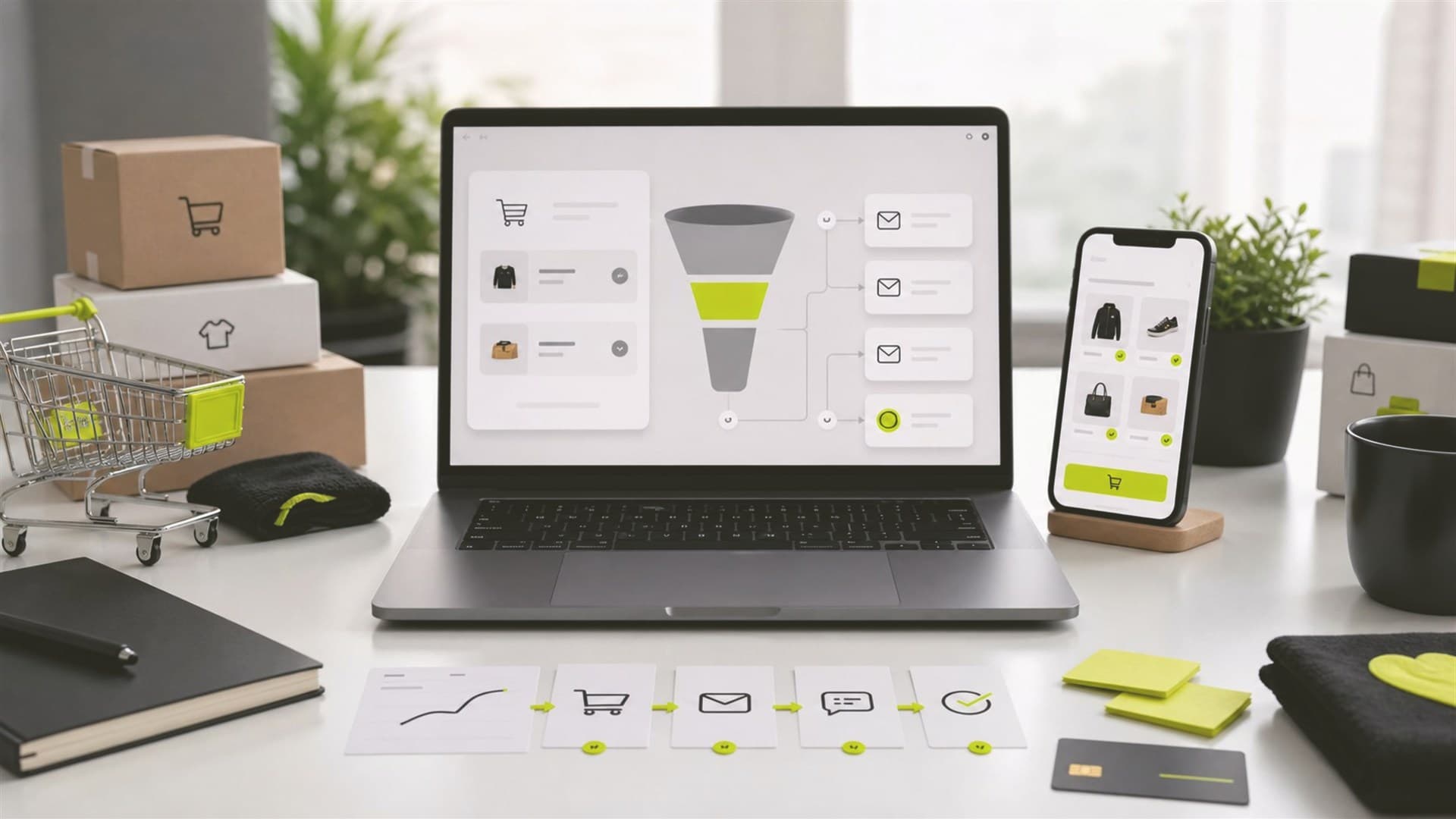 Escena impersonal de funnel ecommerce para optimizacion Shopify y CRO