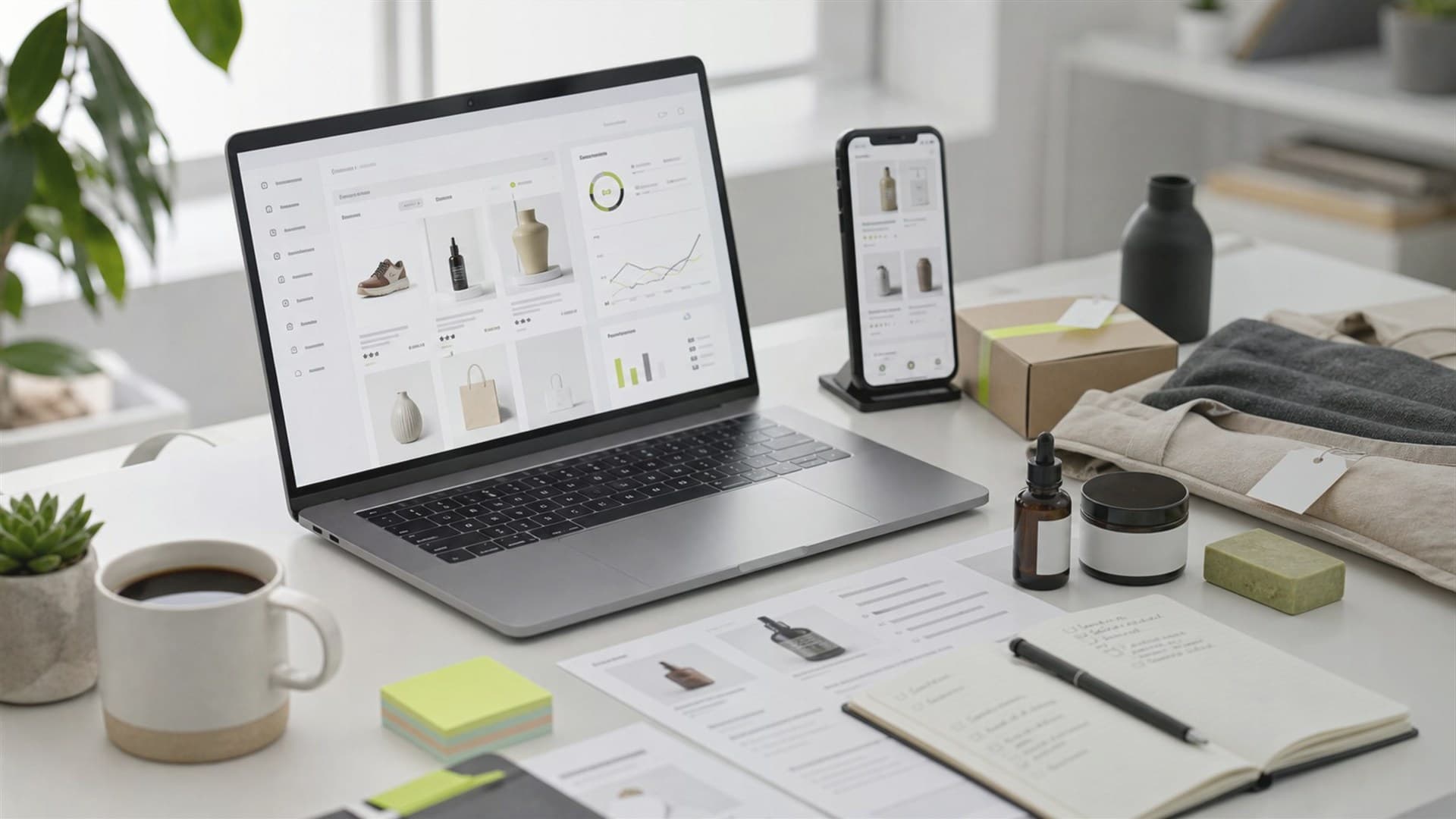 Escena impersonal de comercio moderno y operacion ecommerce para Shopify Plus